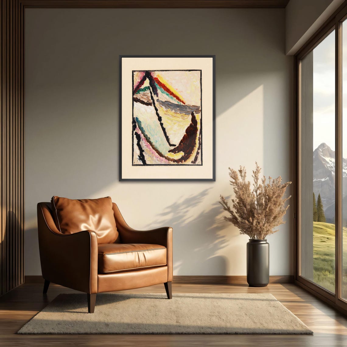 Framed Print Of Abstract Painting With Curved Shapes Geometric Print Brown And White Living Room Decor - Image 3