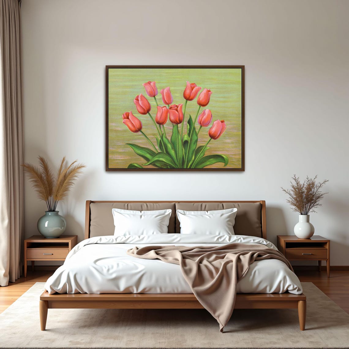 Red Tulips against a Green Background Contemporary Floral Poster