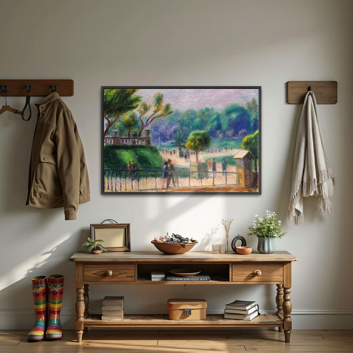 Framed Wall Art Of Park Scene With People And Trees Landscape Wall Art Green And Blue Living Room Art Bohemian Oil Painting - Image 3