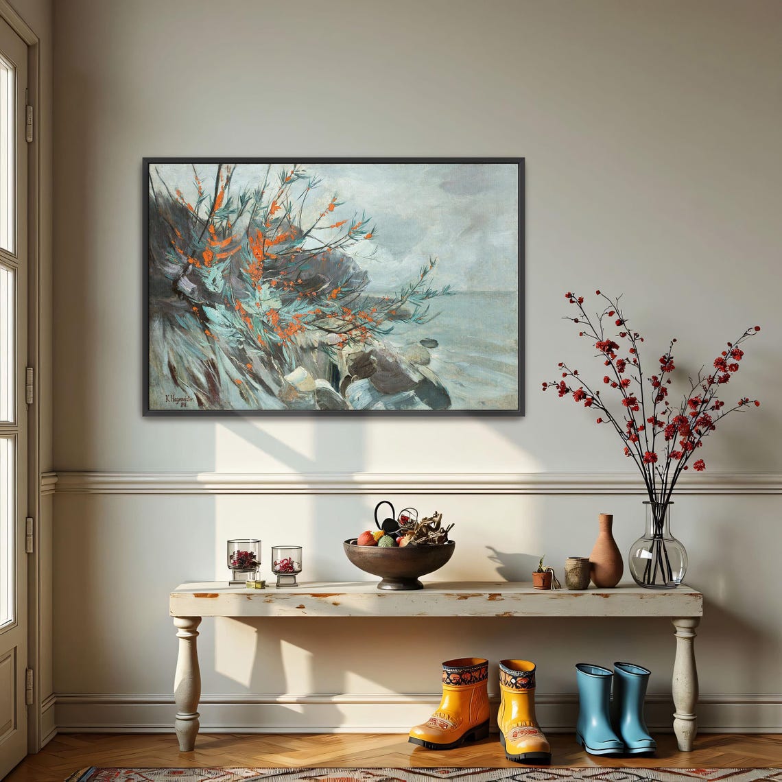 Rocky Seacoast with Bright Orange Berry Bushes Coastal Art Poster - Image 4