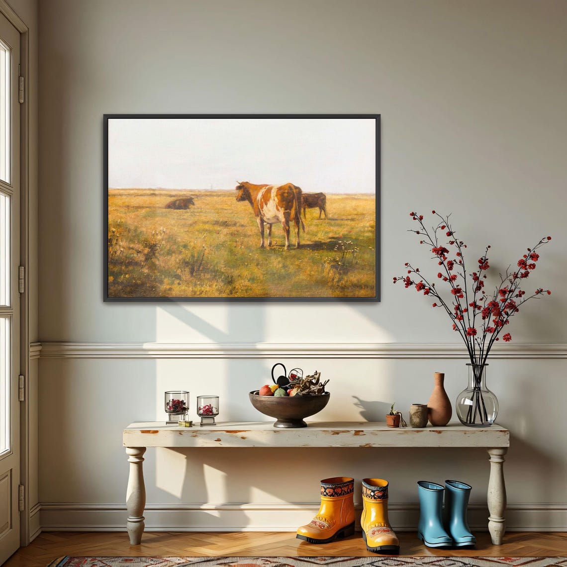 Three Cows Grazing In A Golden Pasture Under A Hazy Sky Poster - Image 3