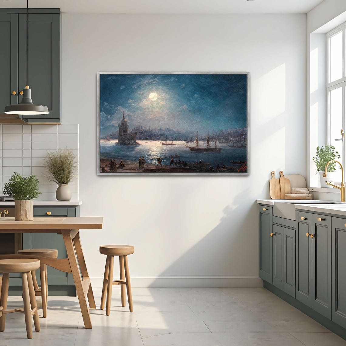 Moonlit Constantinople Harbor With Maiden Tower Vintage Art Print - Image 2