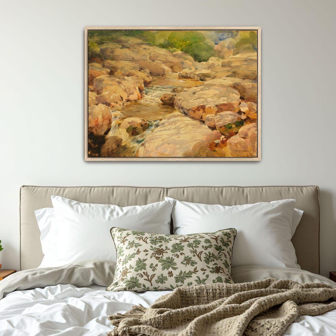 Framed Print Of Watercolor Painting Of A Stream In A Rocky Landscape Landscape Fine Art Print White And Yellow Boho Wall Art - Image 4