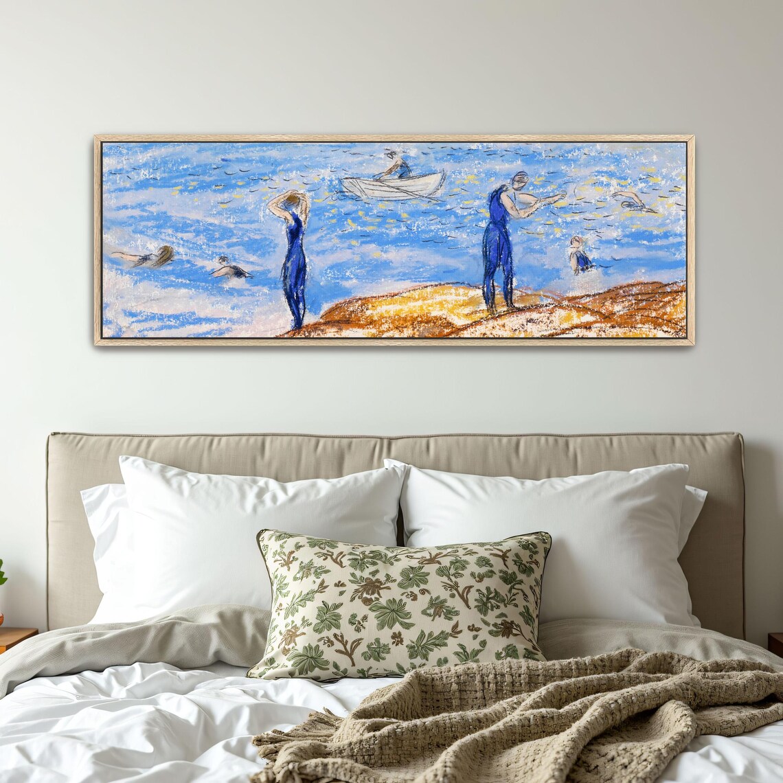 Pastel Drawing of Swimmers and Boats in Bright Blue Water Poster - Image 2