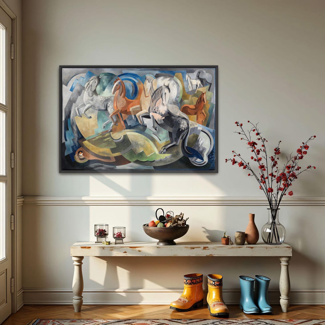 Large Framed Print Of Abstract Painting Of Five Horses Animal Wall Art Blue And Gray Bedroom Art Print Art Deco Oil Painting - Image 3