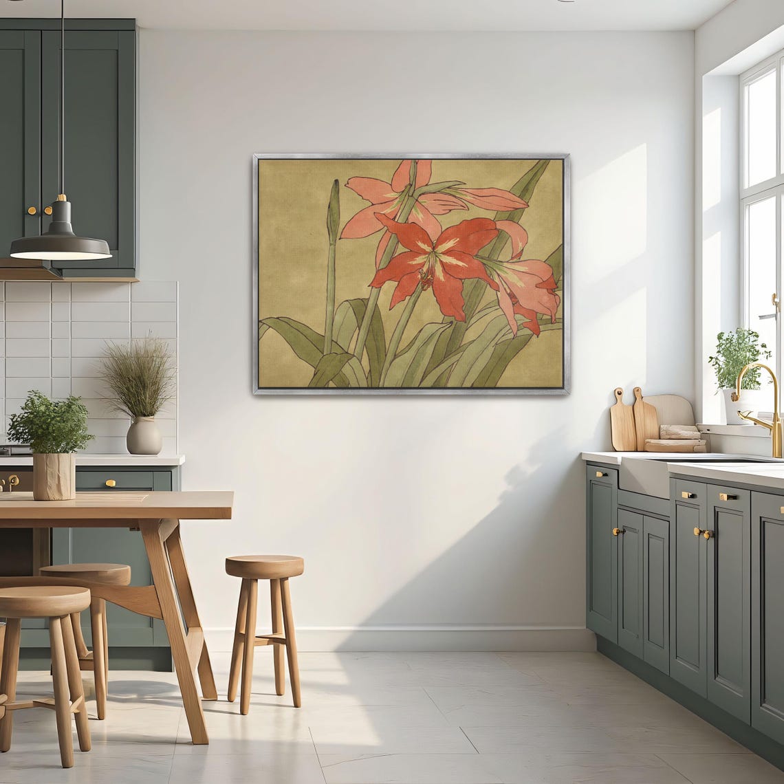 Red Amaryllis Blossoms Art Nouveau Floral Botanical Wall Poster - Image 3