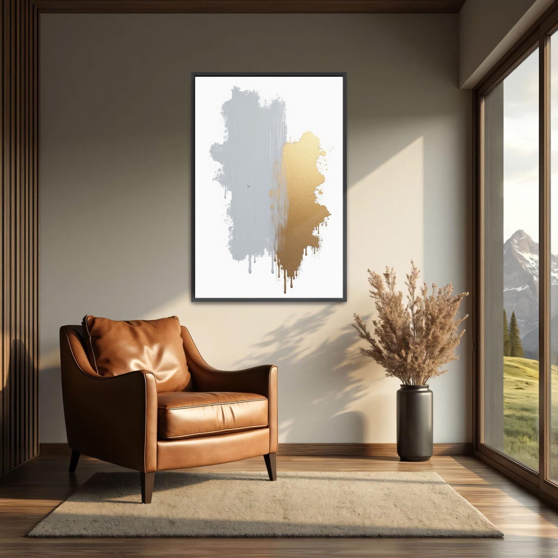 Grey And Gold Dripping Paint On White Abstract Minimalist Poster - Image 3