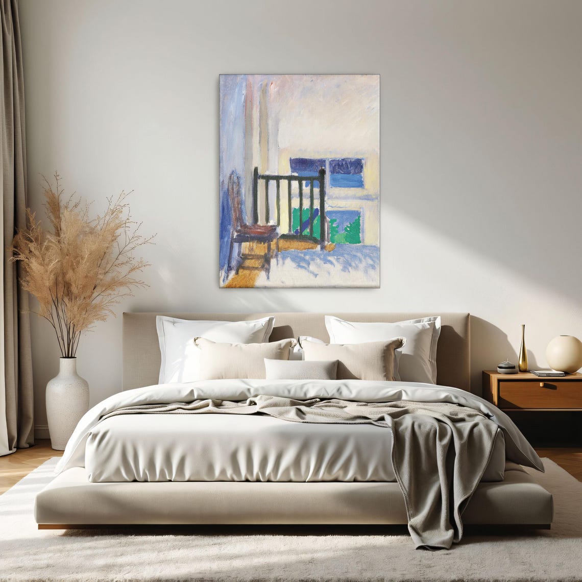 Minimalist White Interior With Chair and Staircase Art Poster - Image 2