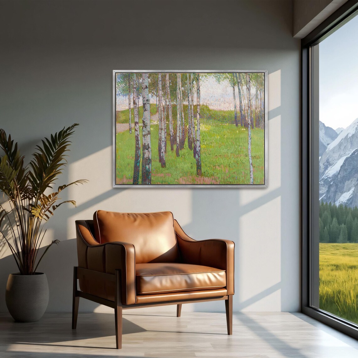 Framed Print Of Birch Trees In A Grassy Field Landscape Print Green And Beige Bedroom Art Print Art Nouveau Oil Painting - Image 3