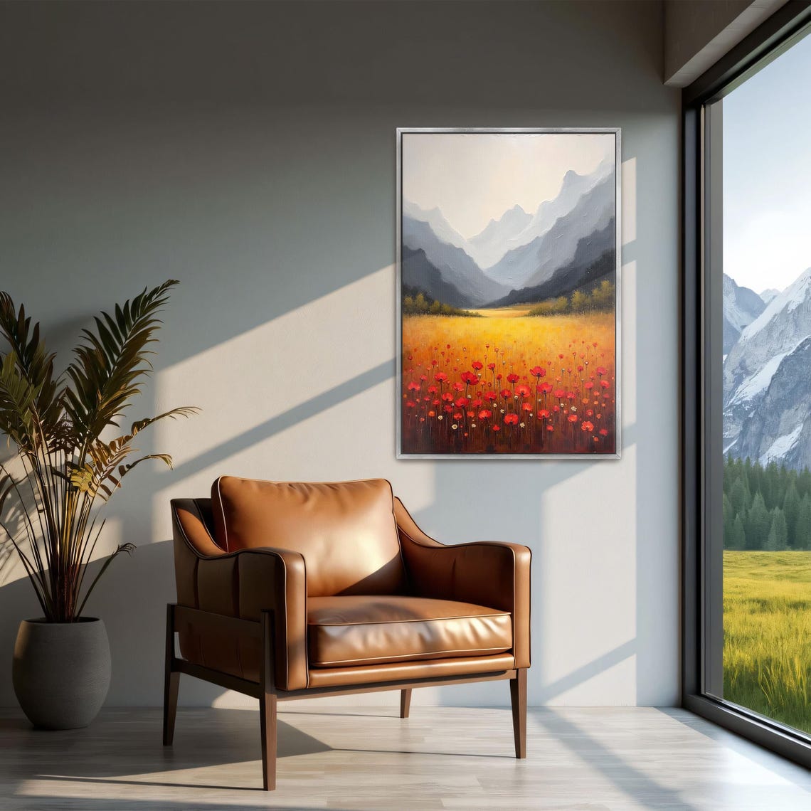 Mountain Meadow Poppy Field with Misty Peaks Landscape Poster - Image 2