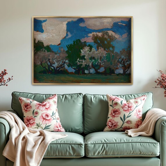 Framed Wall Art Of A Landscape Painting Of Trees In Bloom Landscape Print Green And Blue Entryway Decor Rustic Oil Painting