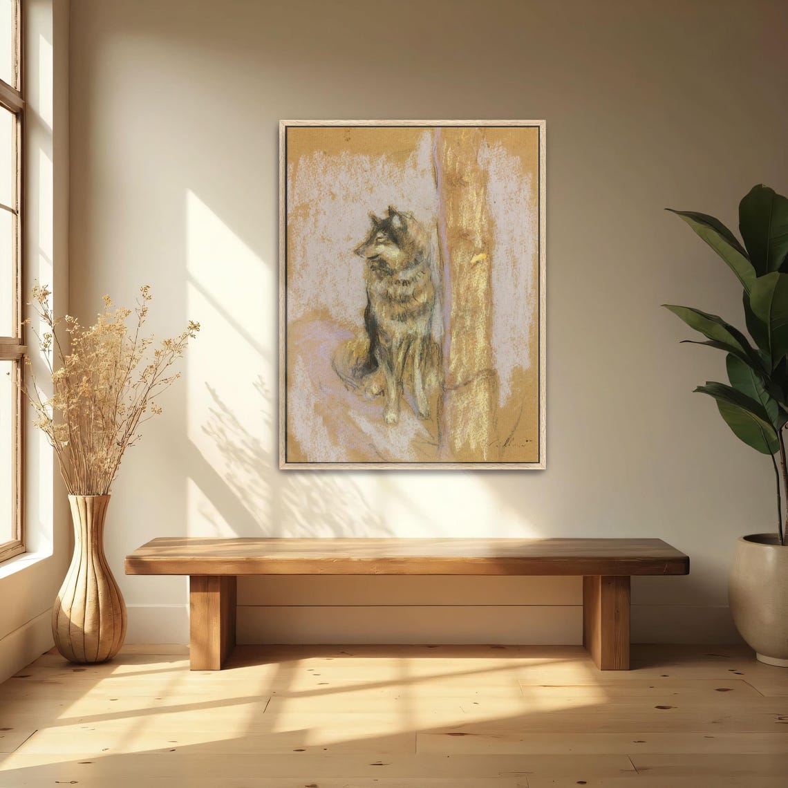 Wolf Dog Seated by a Wooden Post Vintage Pastel Animal Study Art Print - Image 4