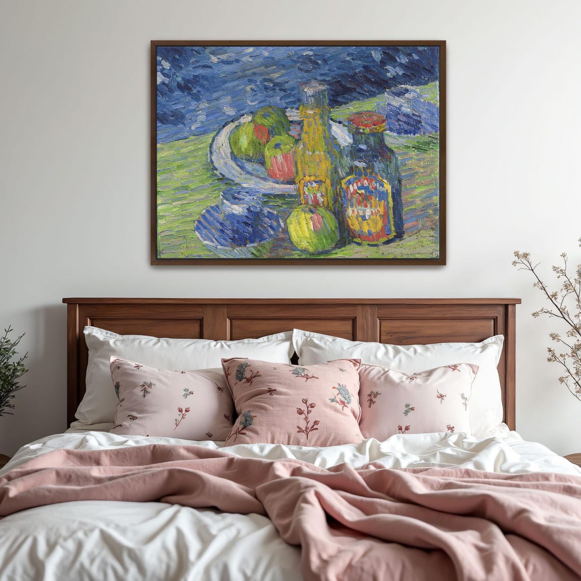 Large Framed Print Of Still Life With Bottles And Fruit Geometric Wall Art Blue And Green Living Room Artwork - Image 5