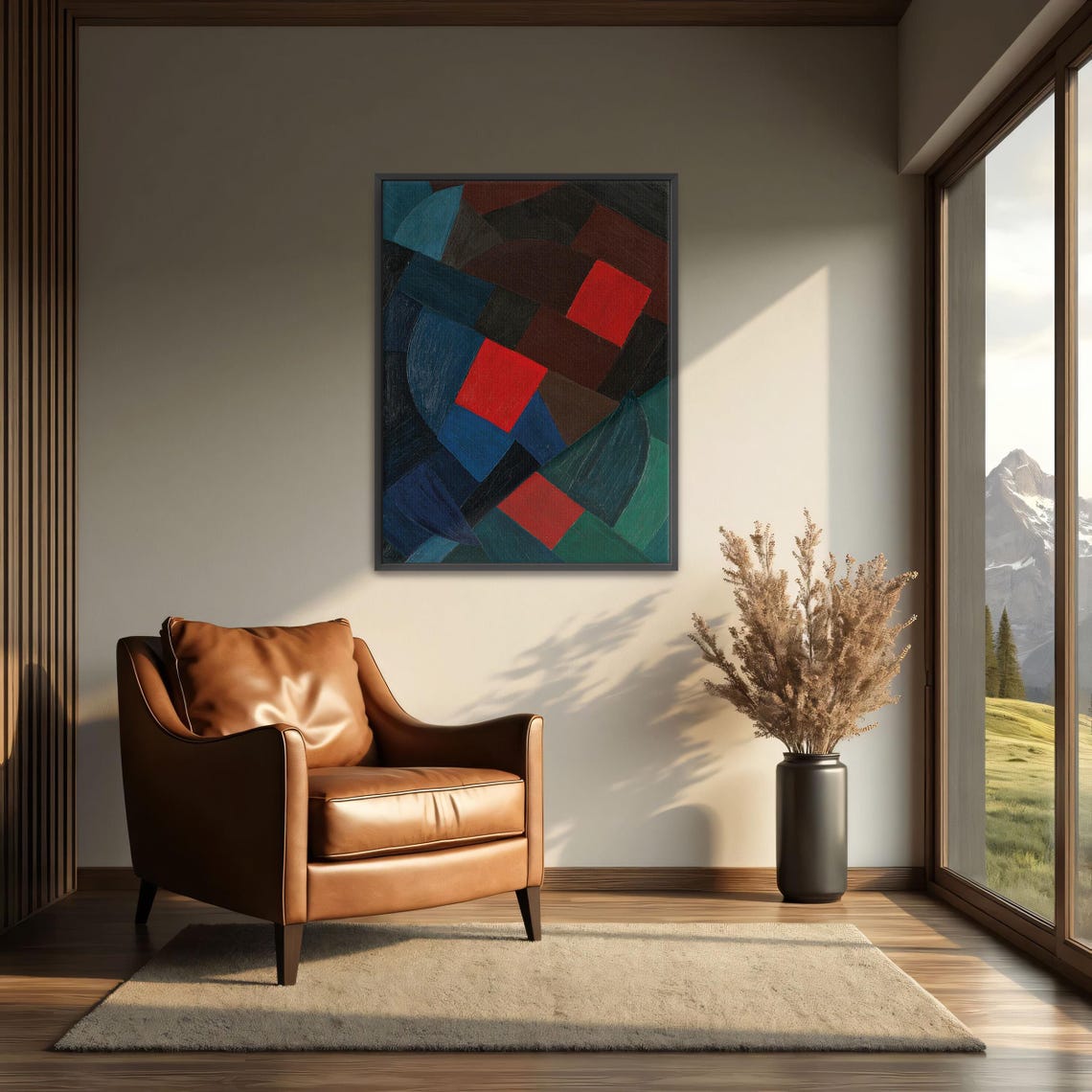 Framed Wall Art Of Abstract Geometric Painting With Red Squares Geometric Wall Art Blue And Green Living Room Artwork - Image 4