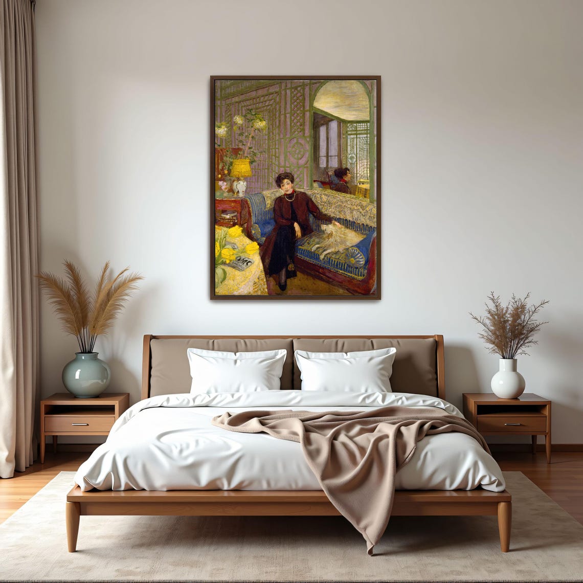 Framed Print Of Woman With Dog On A Blue Couch Portrait Print Blue And Brown Bedroom Art Print Bohemian Oil Painting