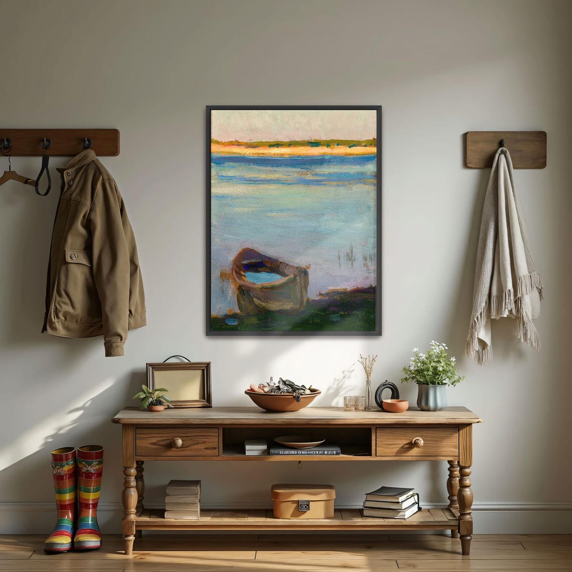 Wooden Boat on a Calm River Impressionist Landscape Scene Poster - Image 4