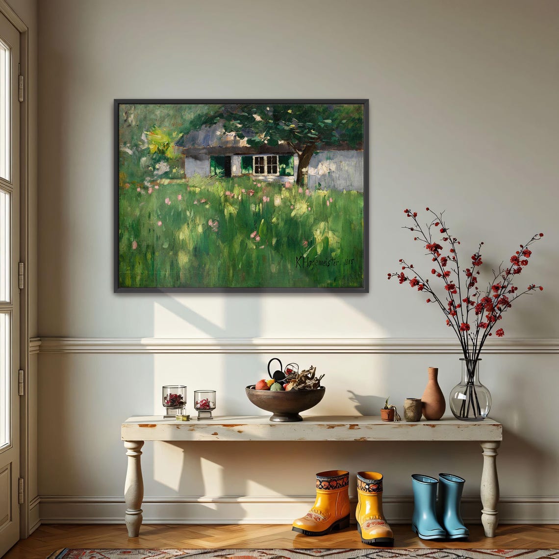 Cottage With Green Shutters in a Wildflower Meadow Art Print - Image 3