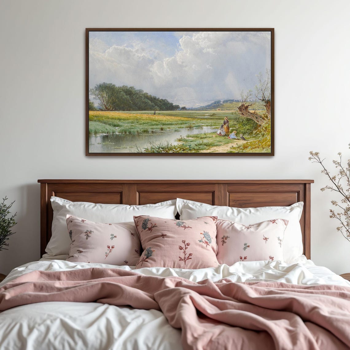 Figures by a River in a Golden Meadow Vintage Landscape Art Print - Image 5