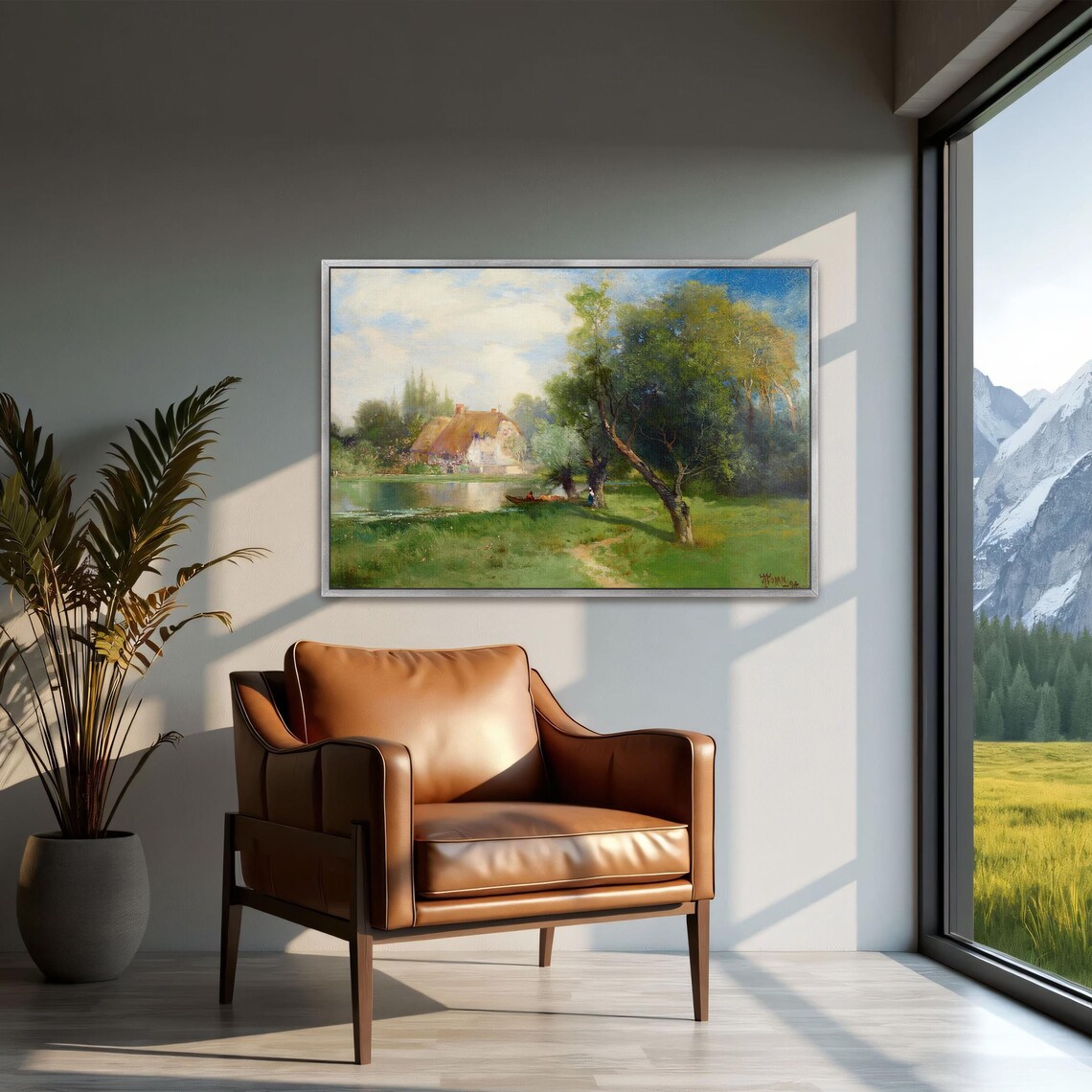 Framed Wall Art Of Cottage By A Lake With Trees Landscape Fine Art Print Green And Blue Entryway Decor Rustic Oil Painting - Image 2