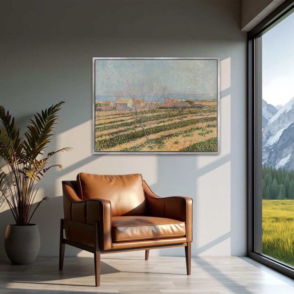 Framed Print Of Countryside Landscape With A Tree Landscape Wall Art Green And Beige Bedroom Artwork Rustic Oil Painting - Image 3