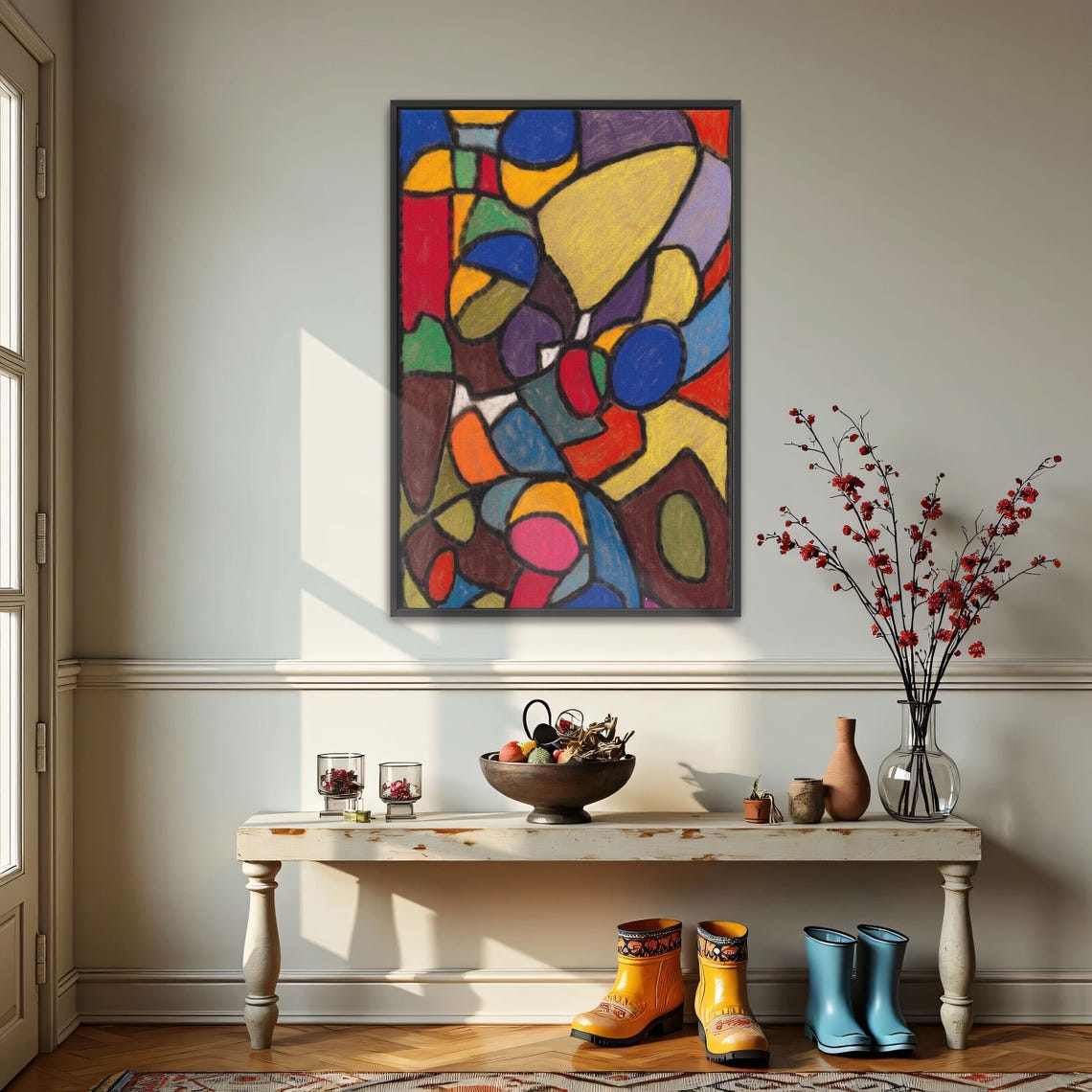 Framed Wall Art Of Abstract Geometric Art With Colorful Shapes Geometric Wall Art Yellow And Blue Entryway Decor Geometric Art - Image 3