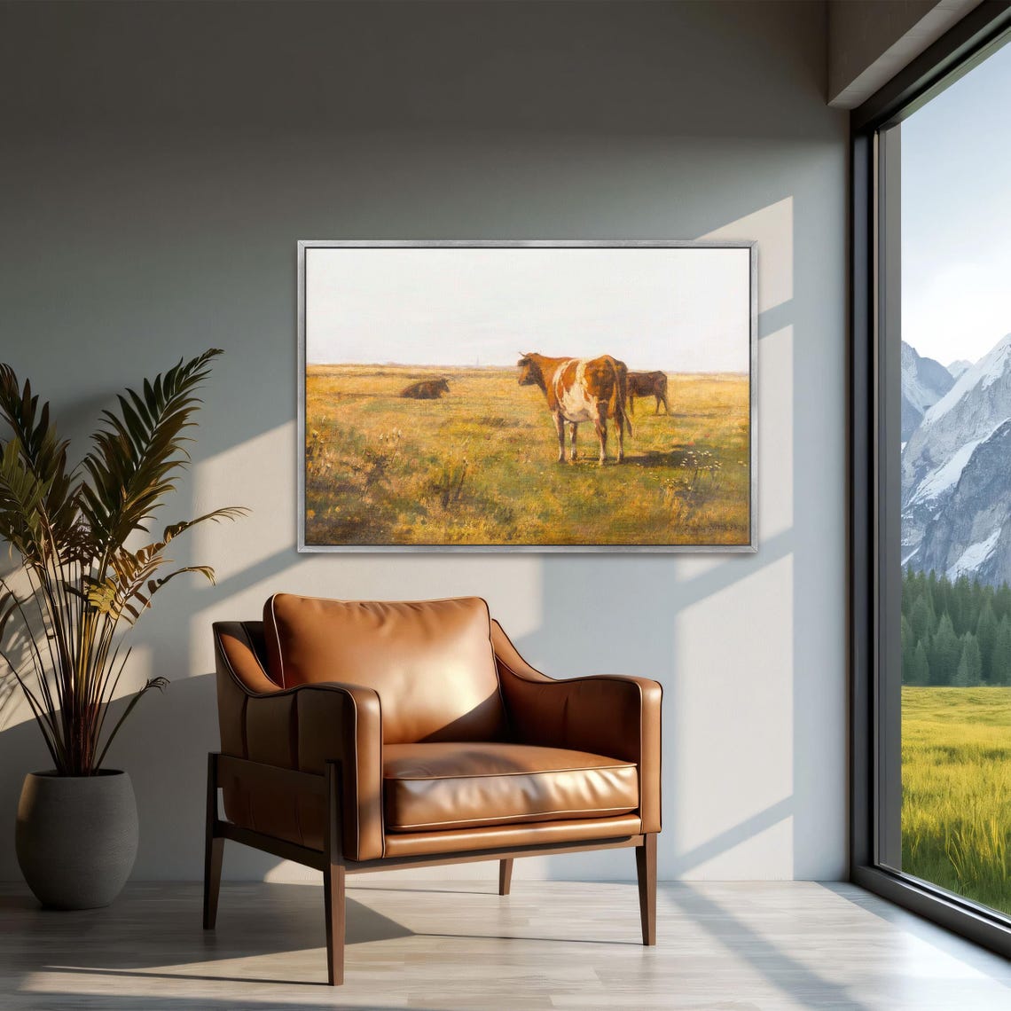 Three Cows Grazing In A Golden Pasture Under A Hazy Sky Poster - Image 2