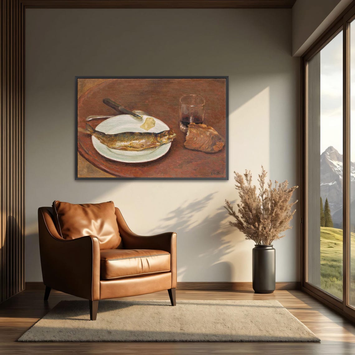 Fish Bread and Glass Rustic Kitchen Still Life Oil Painting Poster - Image 4