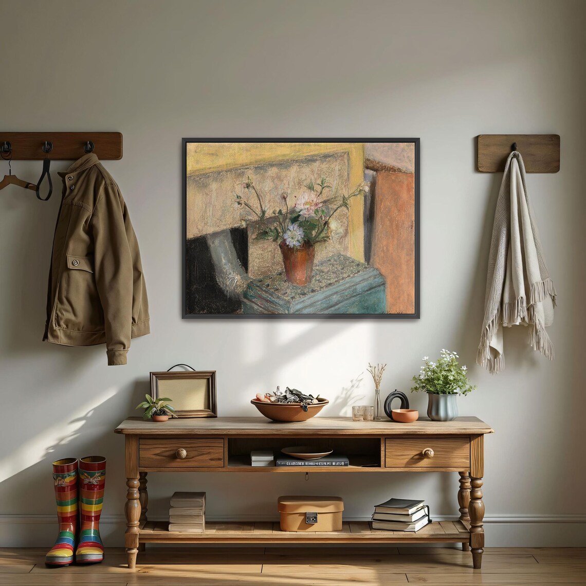 Pastel Flowers in a Pot on a Sunlit Table Still Life Painting Poster