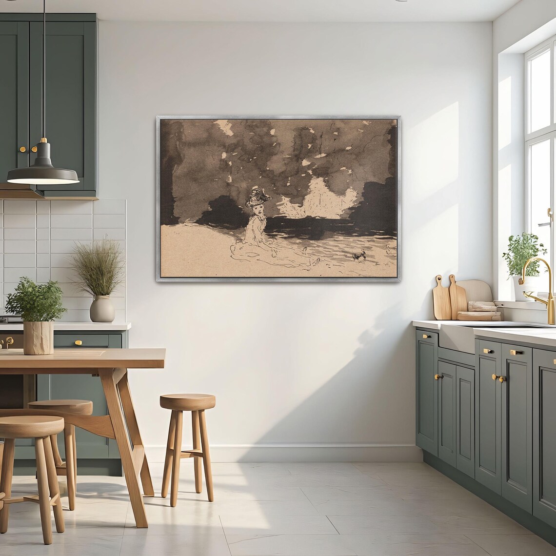 Woman And Dog Resting By Dark Waters In Sepia Wash Illustration Poster - Image 2