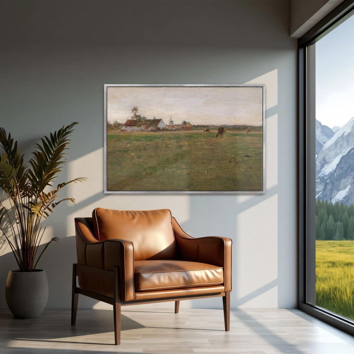 Farmhouse With Windmill in an Open Field Vintage Landscape Art Print - Image 2