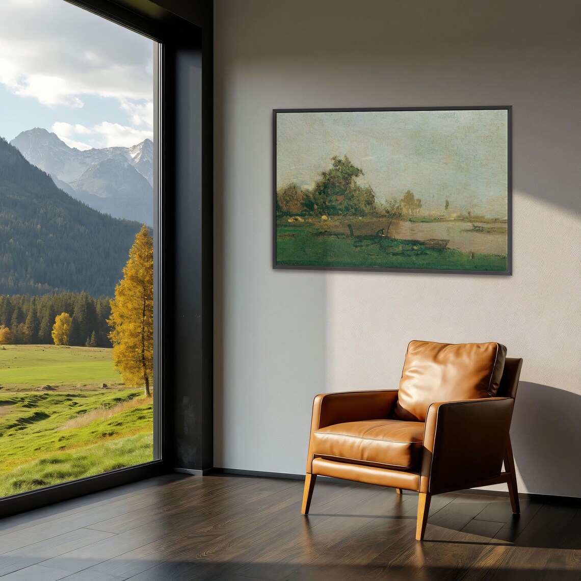 Large Framed Print Of River Landscape With Boat And Trees Landscape Wall Art Green And Gray Living Room Art Print - Image 3