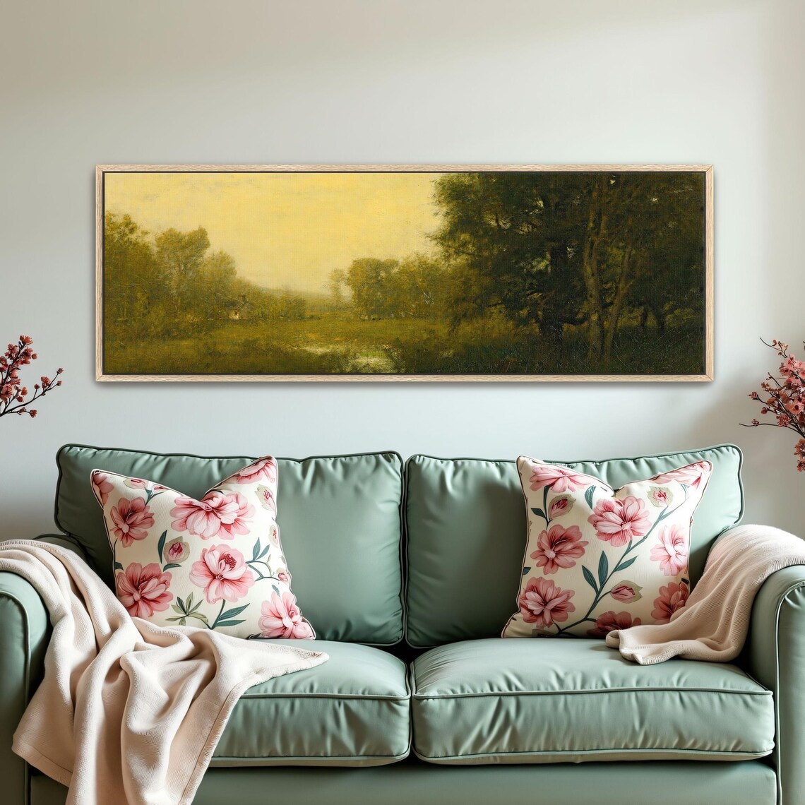 Impressionist Landscape With Trees And Fog Panoramic Wall Art Horizontal Framed Art Above Bed Wall Art Bedroom And Living Room Art