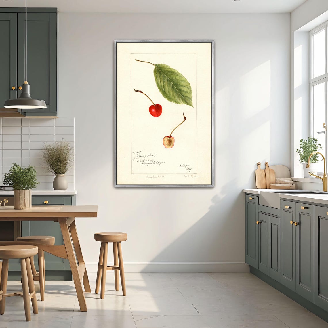 Red Cherry With Green Leaf Whole And Halved Botanical Study Art Poster - Image 2