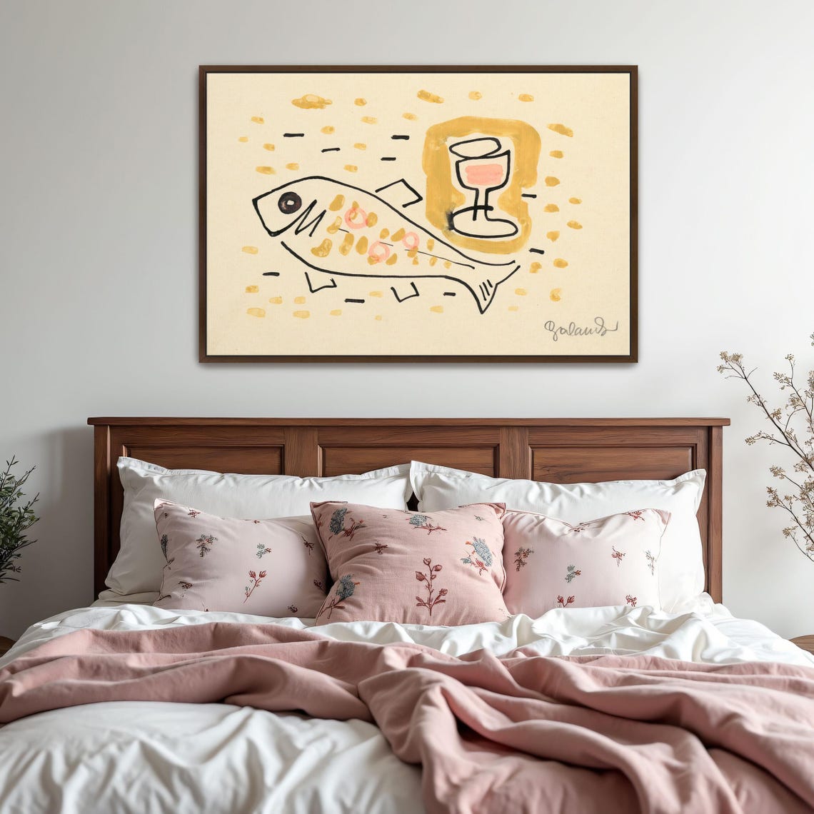 Framed Print Of Fish And Glass Of Wine Still Life Animal Print Yellow And Pink Living Room Art Print Abstract Artwork - Image 5