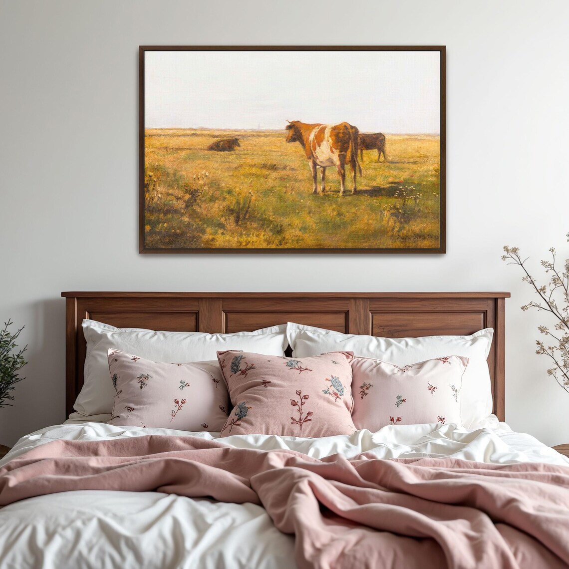 Three Cows Grazing In A Golden Pasture Under A Hazy Sky Poster - Image 5