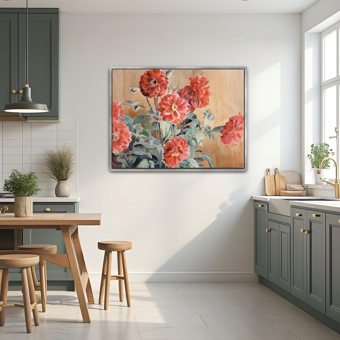 Red Dahlias Watercolor Bouquet on Warm Ground Floral Art Poster - Image 3