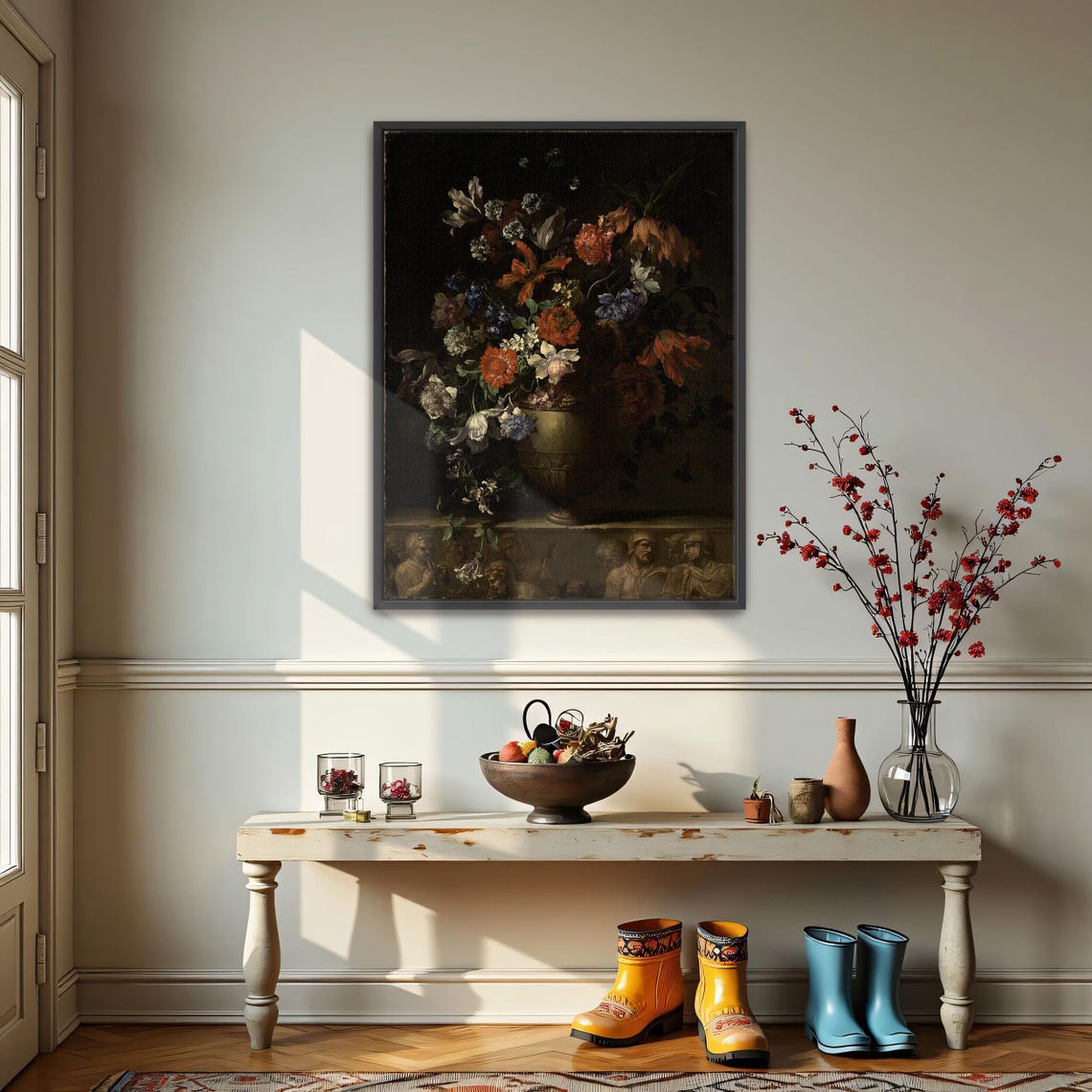 Dark Baroque Floral Still Life In Ornate Vase Classic Oil Art Poster - Image 4