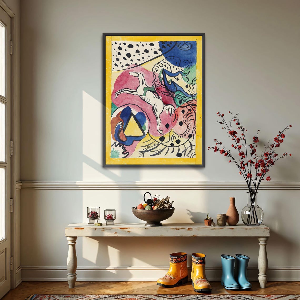 Framed Print Of Abstract Painting With A Horse Geometric Wall Art Pink And Blue Bedroom Artwork Art Nouveau Watercolor Painting - Image 4