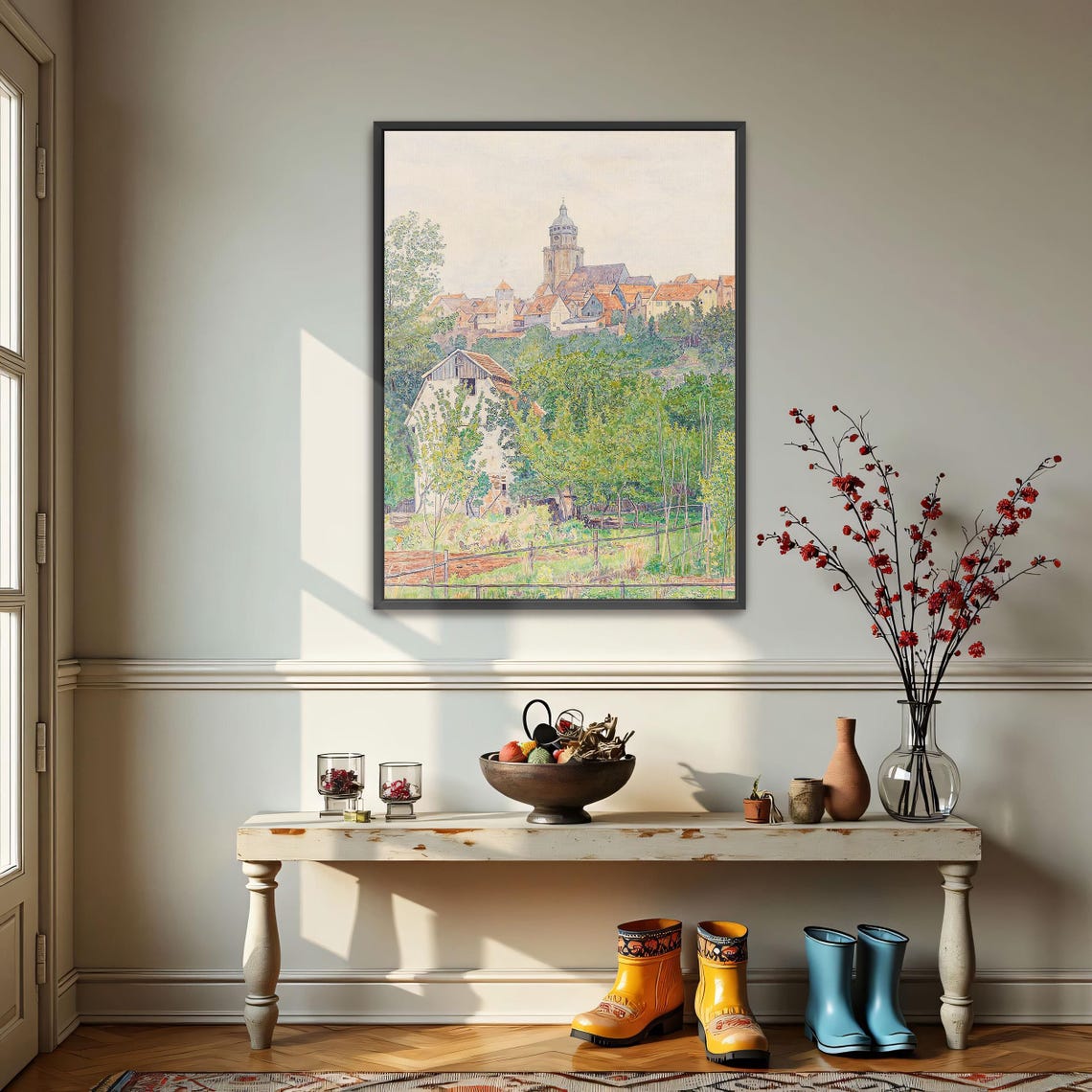 Village Landscape With Church Tower Rustic Watercolor Art Poster - Image 4