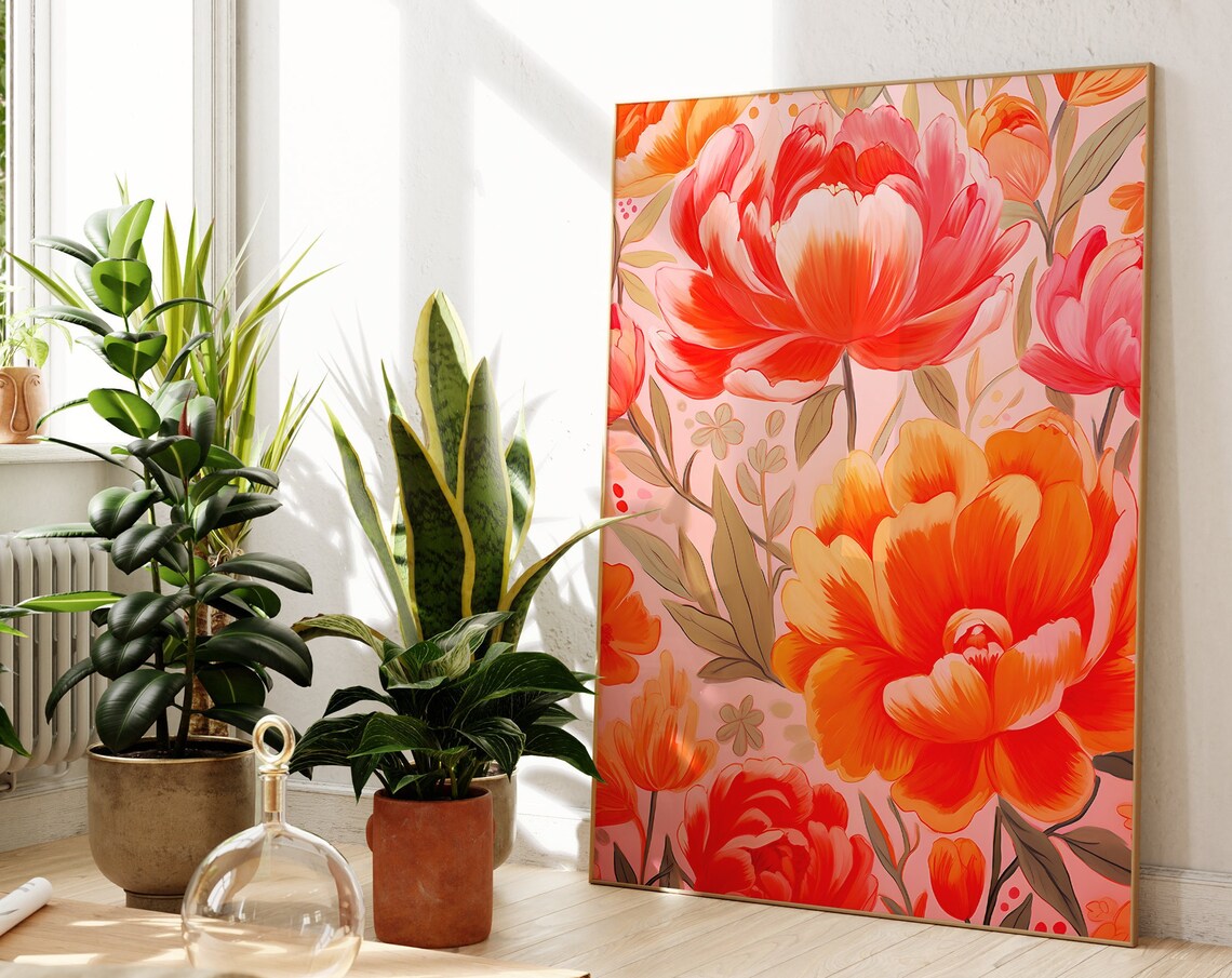 Orange Pink Abstract Floral Art Print, Maximalist - Image 3