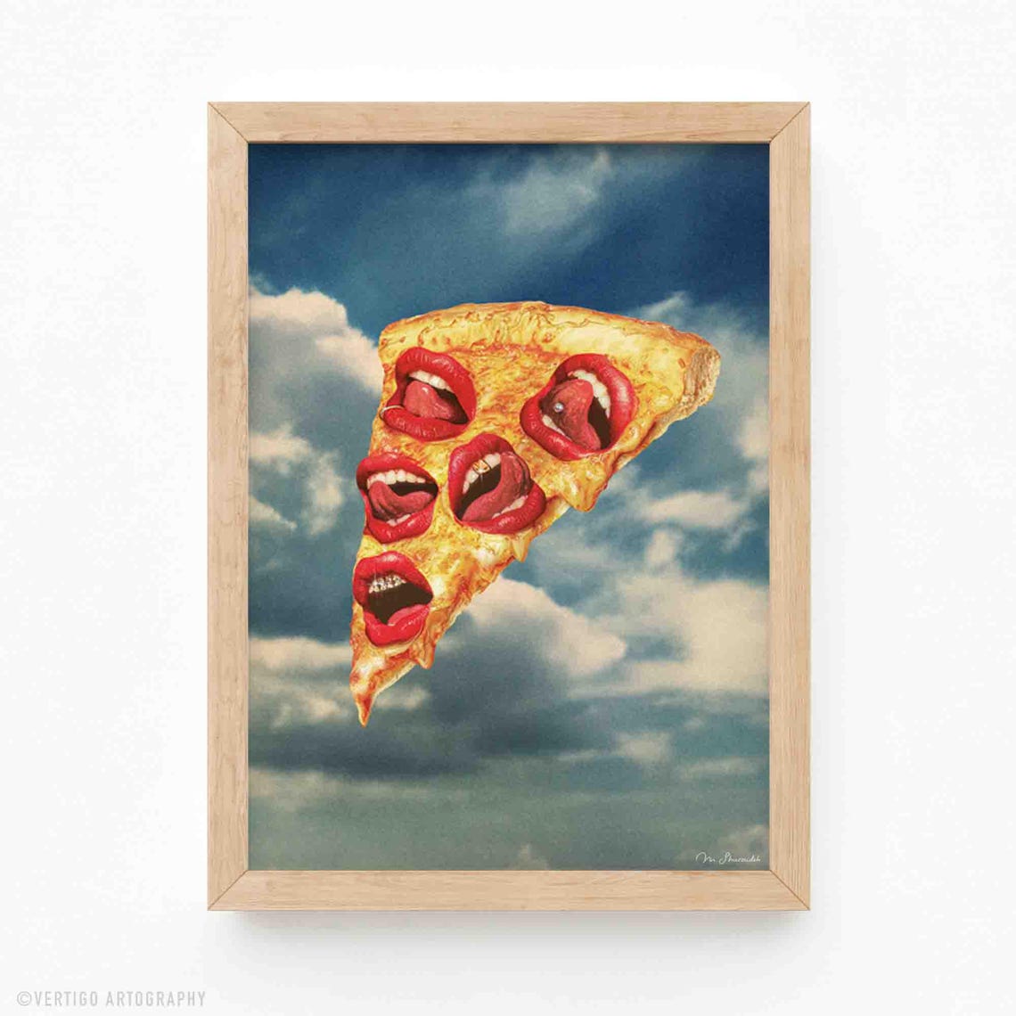 Surreal Pizza Slice With Red Lips Floating Sky Collage Art Poster