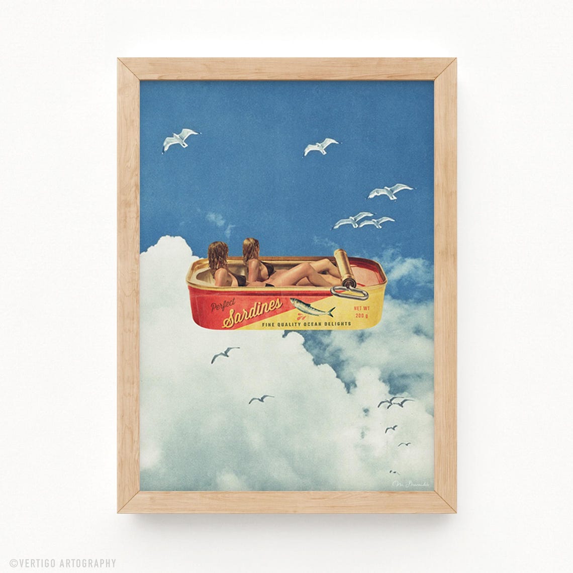 Sardines In The Sky Surreal Art Print Vintage Coastal Cloud Decor