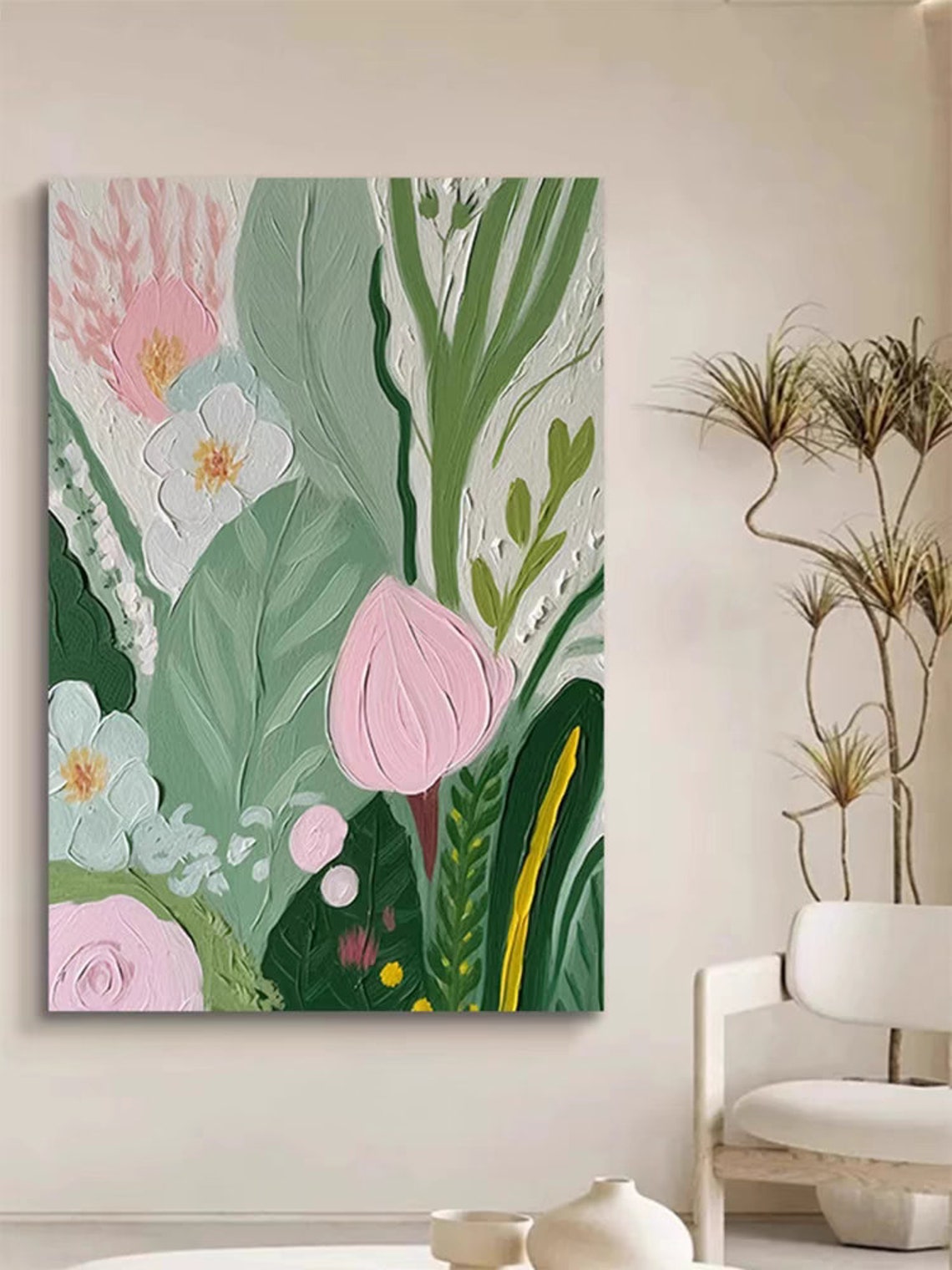 Tropical Green Leaves Pink Bloom Modern Botanical Style Poster
