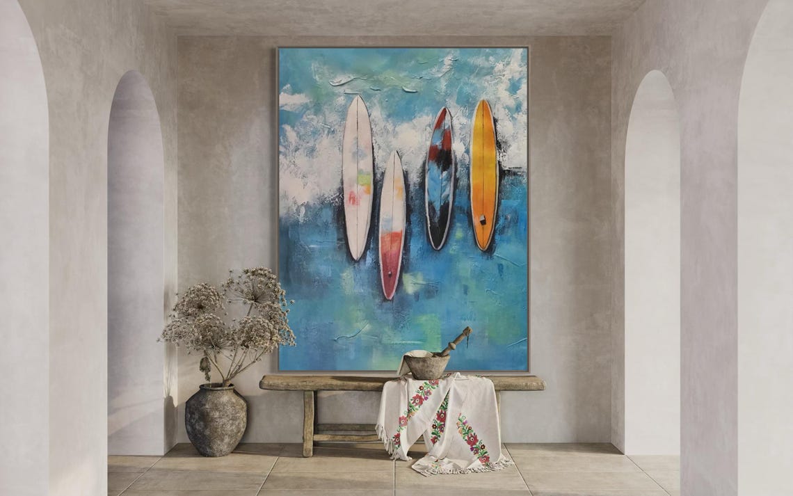 Four Colorful Surfboards Against Blue Ocean Waves Art Poster - Image 2