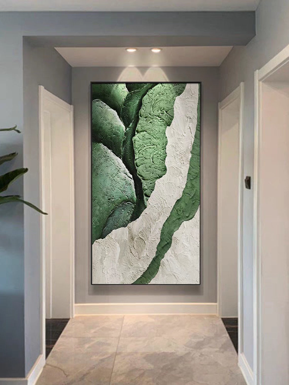 Green and White Textured Botanical Abstract Nature Painting Poster - Image 4