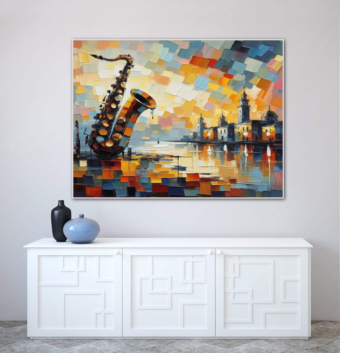 Saxophone Over Sunset Waterfront Mosaic Jazz Music Painting Poster - Image 2