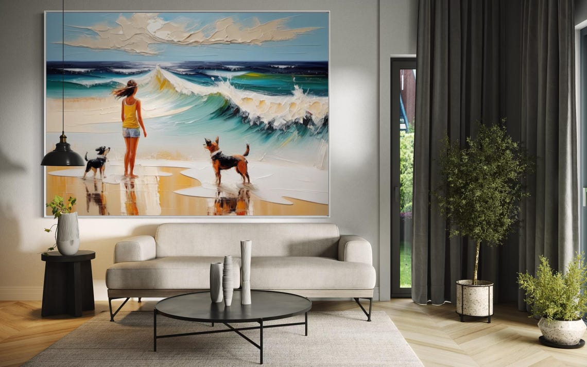 Girl with Two Dogs Watching Ocean Waves Beach Scene Art Poster - Image 2