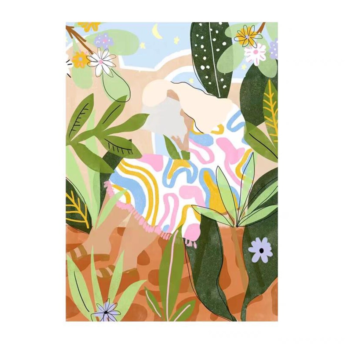 Woman Relaxing in Tropical Leaves Playful Illustration Poster - Image 3