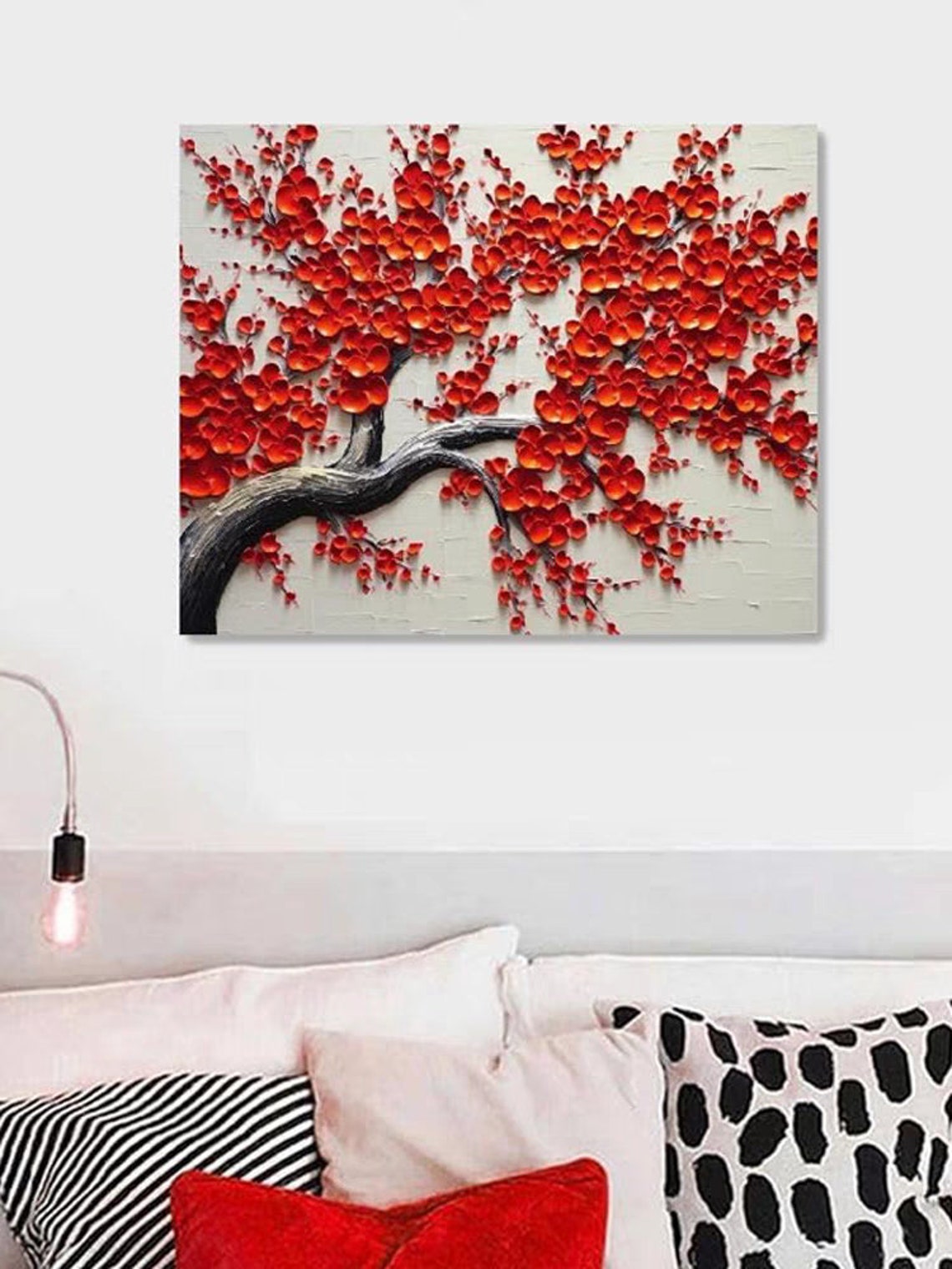 Red Blossom Tree Black Branch Sculpted 3D Floral Oil Painting Poster - Image 4