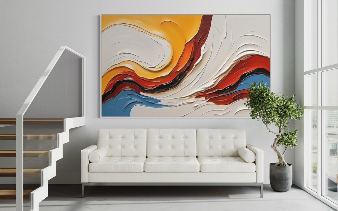 Abstract Colorful Textured Acrylic Painting Extra Large Horizontal Art Modern Home Wall Art Hanging Yellow White Blue Artwork Decor - Image 3